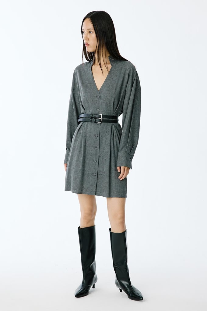 Glitter Plaid V-Neck Grey Mini Dress