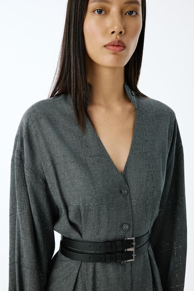 Glitter Plaid V-Neck Grey Mini Dress