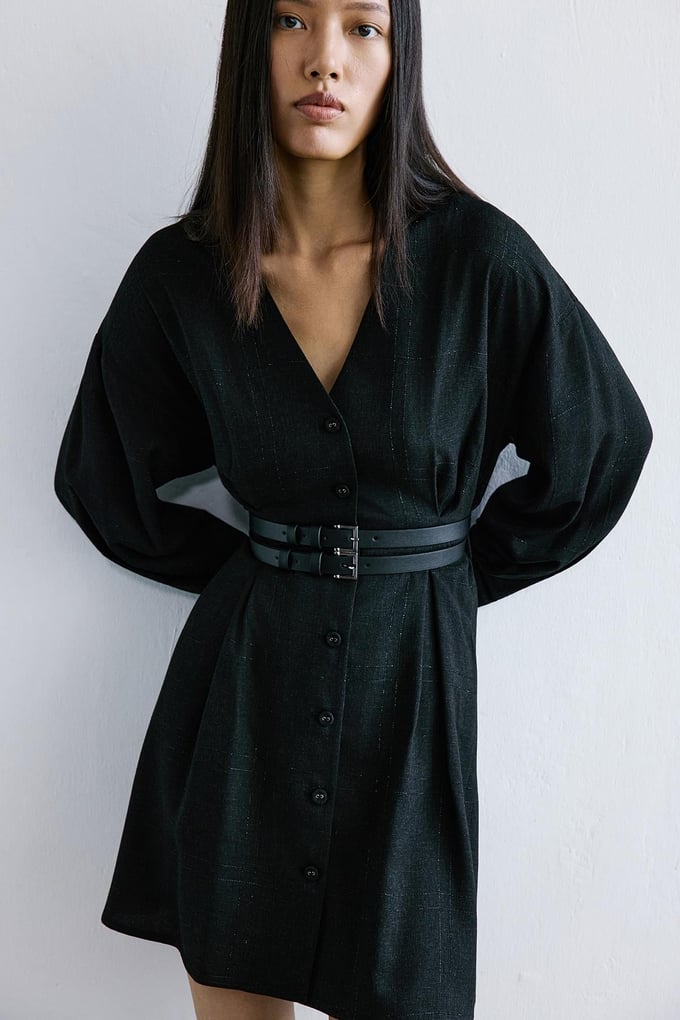 Glitter Plaid V-Neck Black Mini Dress