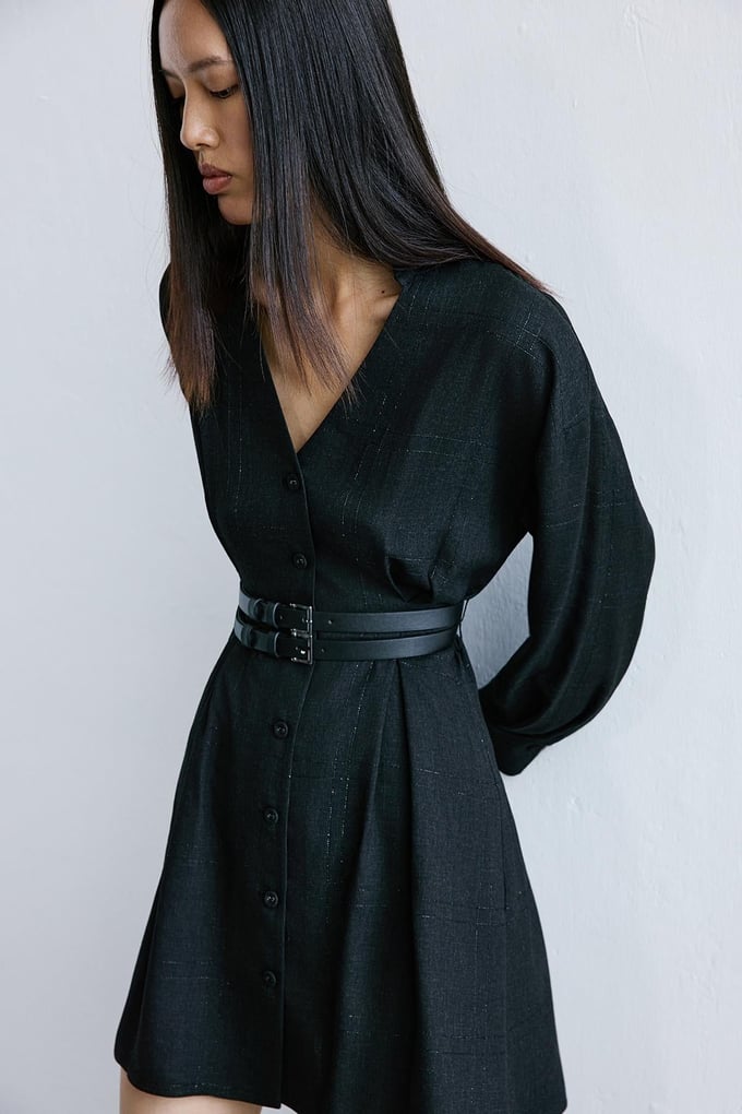 Glitter Plaid V-Neck Black Mini Dress