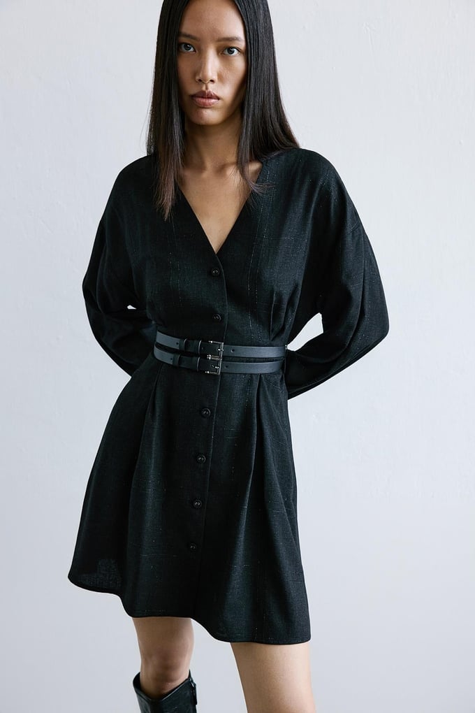 Glitter Plaid V-Neck Black Mini Dress