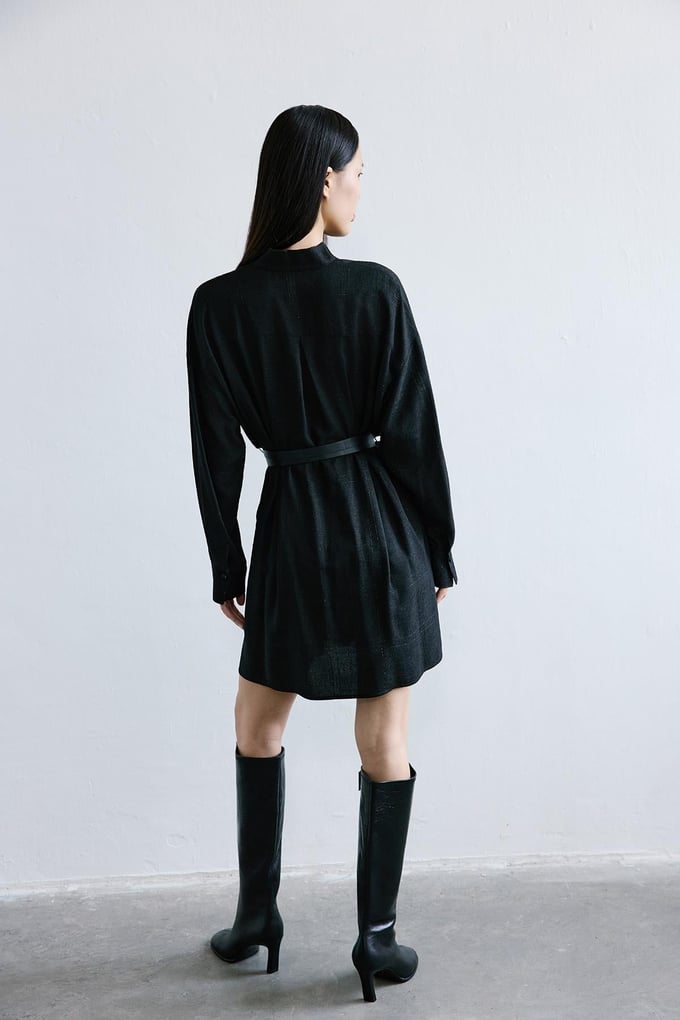 Glitter Plaid V-Neck Black Mini Dress
