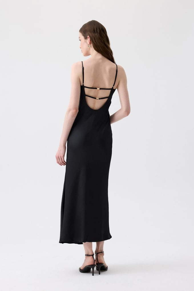 Back Strap Detail Black Long Dress