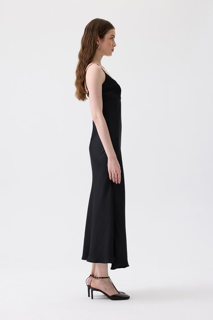 Back Strap Detail Black Long Dress