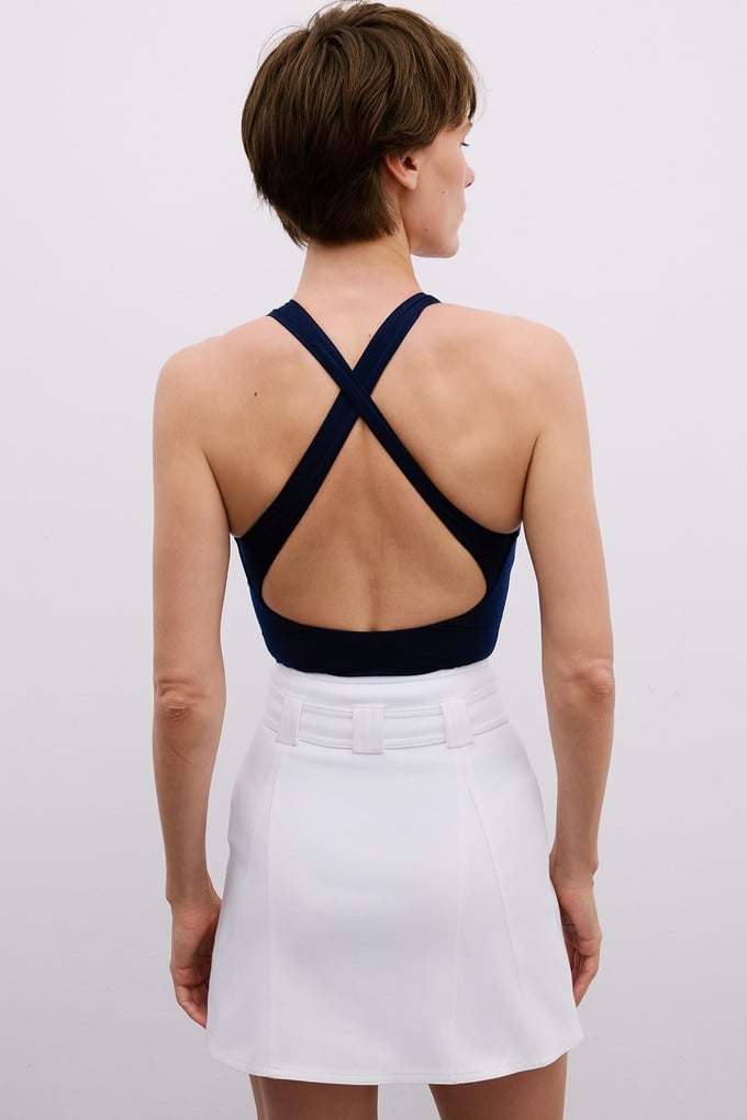 Back Strap Detail Stretch Navy Blue Bodysuit