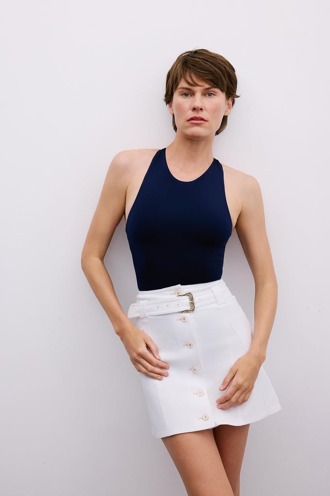 Back Strap Detail Stretch Navy Blue Bodysuit