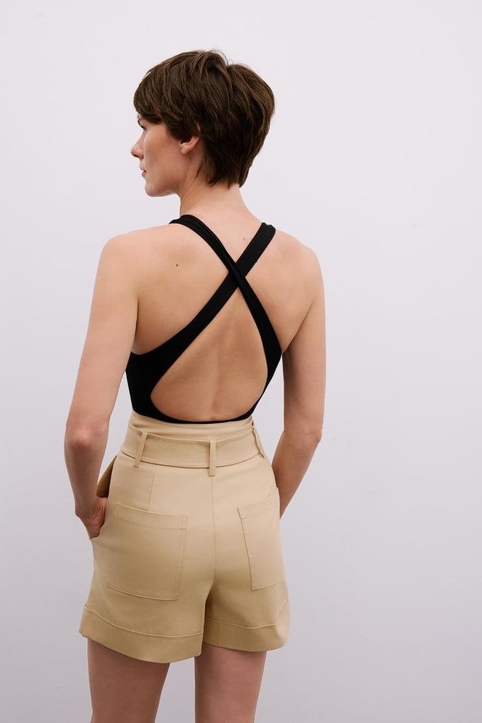 Back Strap Detail Stretch Black Bodysuit