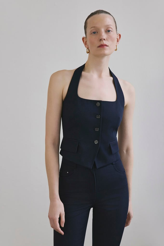 Sırt Dekolteli Denim Dokulu Crop Lacivert Büstiyer