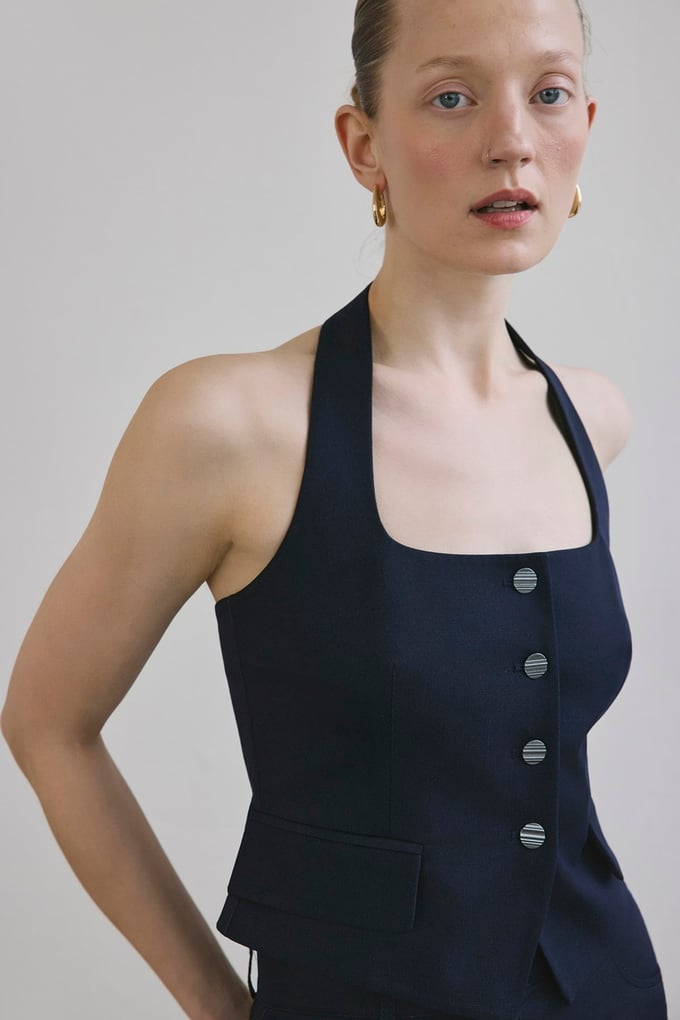 Sırt Dekolteli Denim Dokulu Crop Lacivert Büstiyer