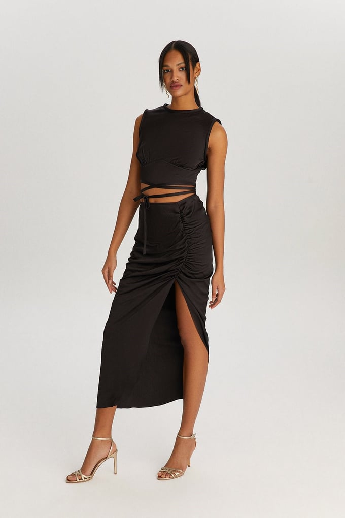Siyah Drape Midi Etek