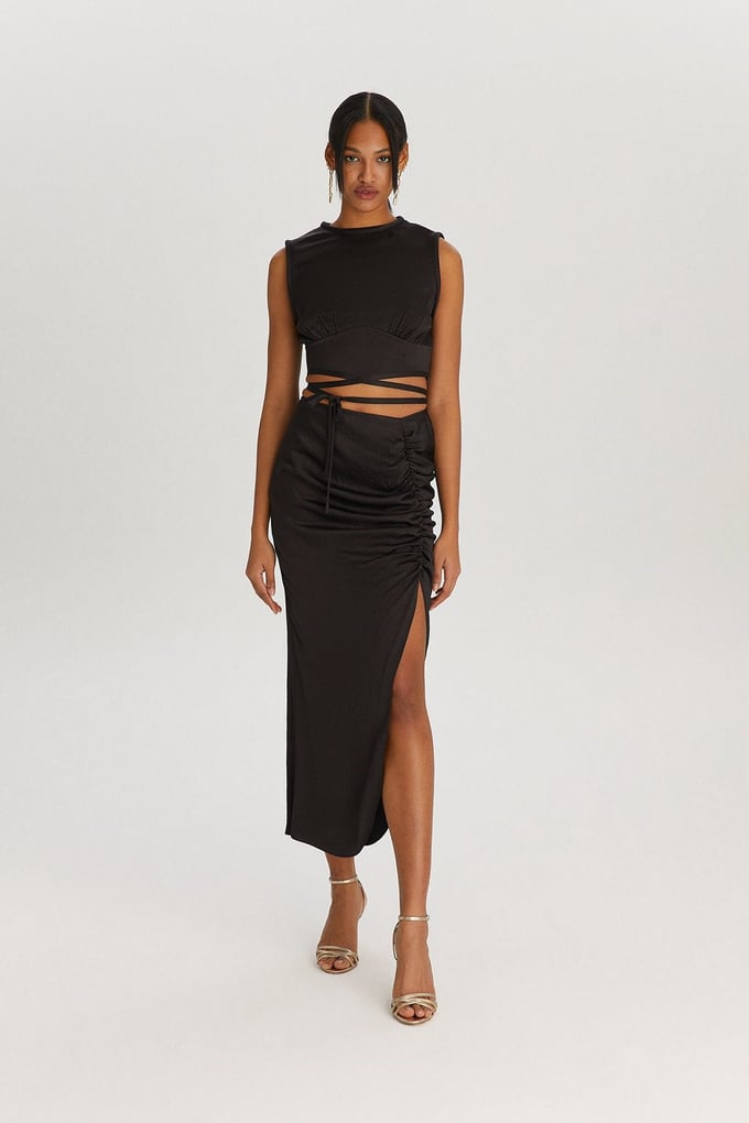 Siyah Drape Midi Etek