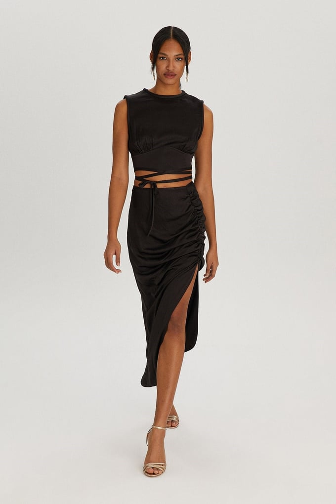 Siyah Drape Midi Etek