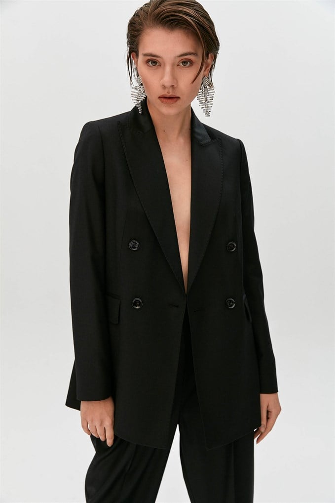 Siyah Kruvaze Blazer Ceket