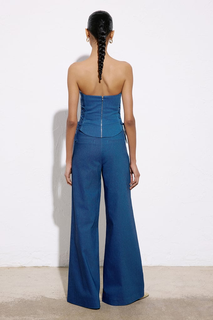 Straplez Denim Dokulu Crop Mavi Büstiyer