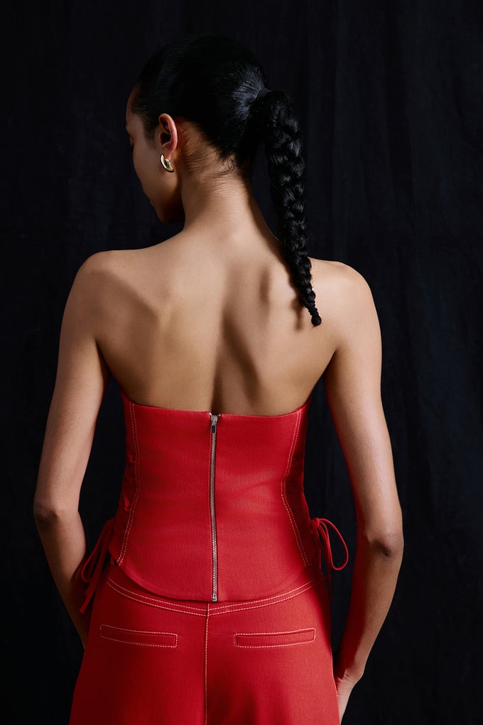 Strapless Denim Textured Crop Coral Bustier