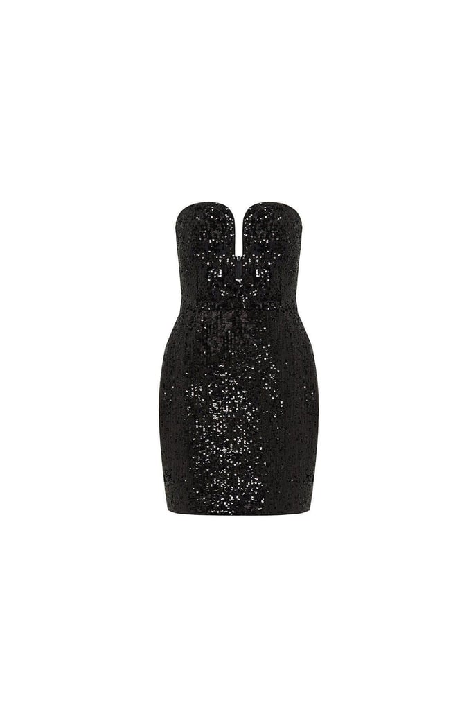 Straplez Payet Siyah Mini Elbise