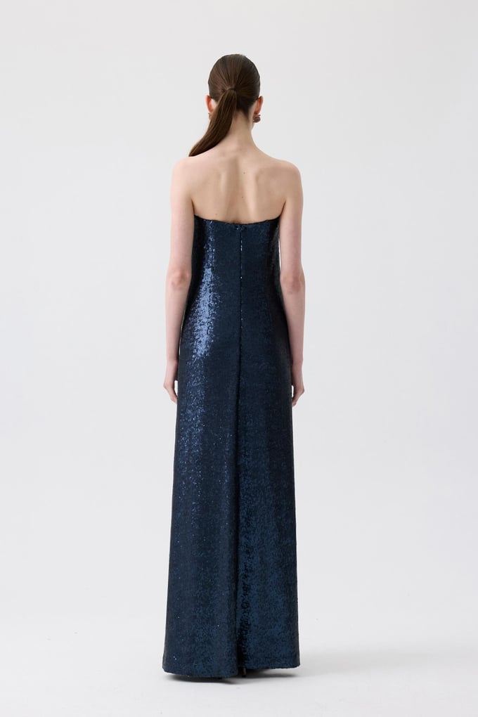 Strapless Long Navy Blue Sequin Dress