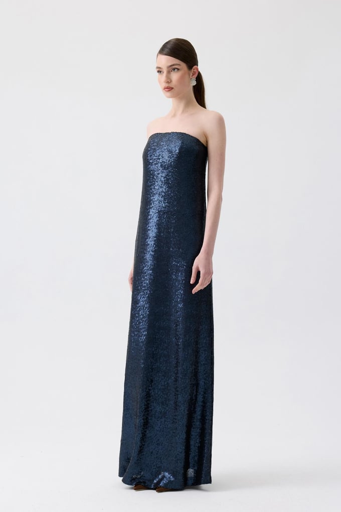 Strapless Long Navy Blue Sequin Dress
