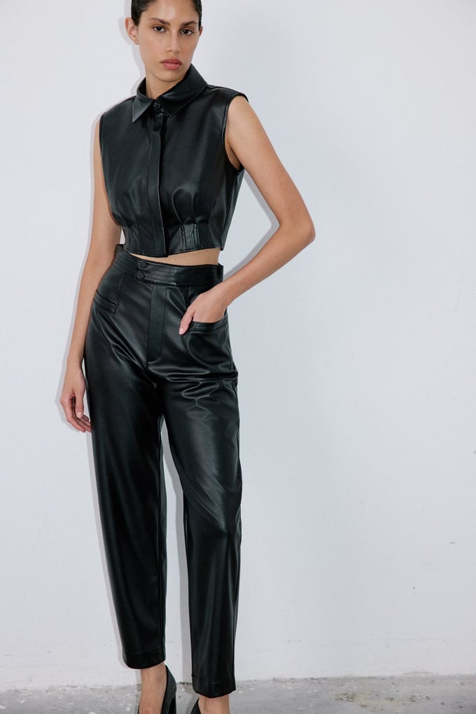 Faux Leather Sleeveless Crop Black Shirt