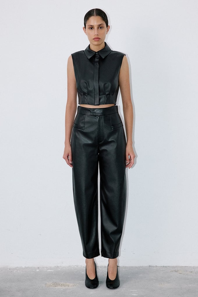 Faux Leather Sleeveless Crop Black Shirt