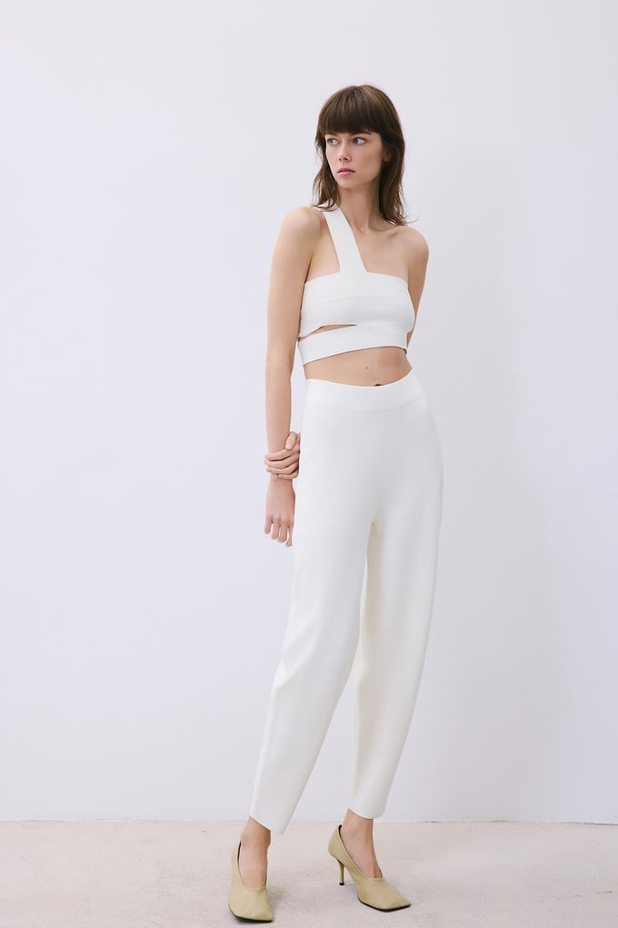 Ecru Knit One-Shoulder Bandeau Top