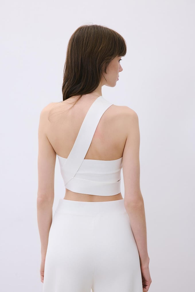 Ecru Knit One-Shoulder Bandeau Top