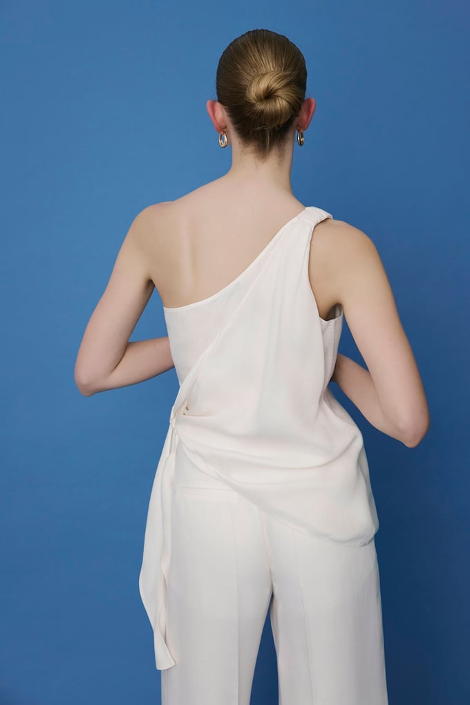 One Shoulder Side Tie Ecru Blouse