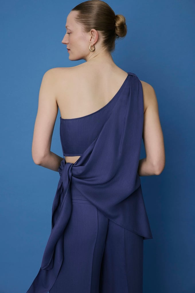 One Shoulder Side Tie Indigo Blouse