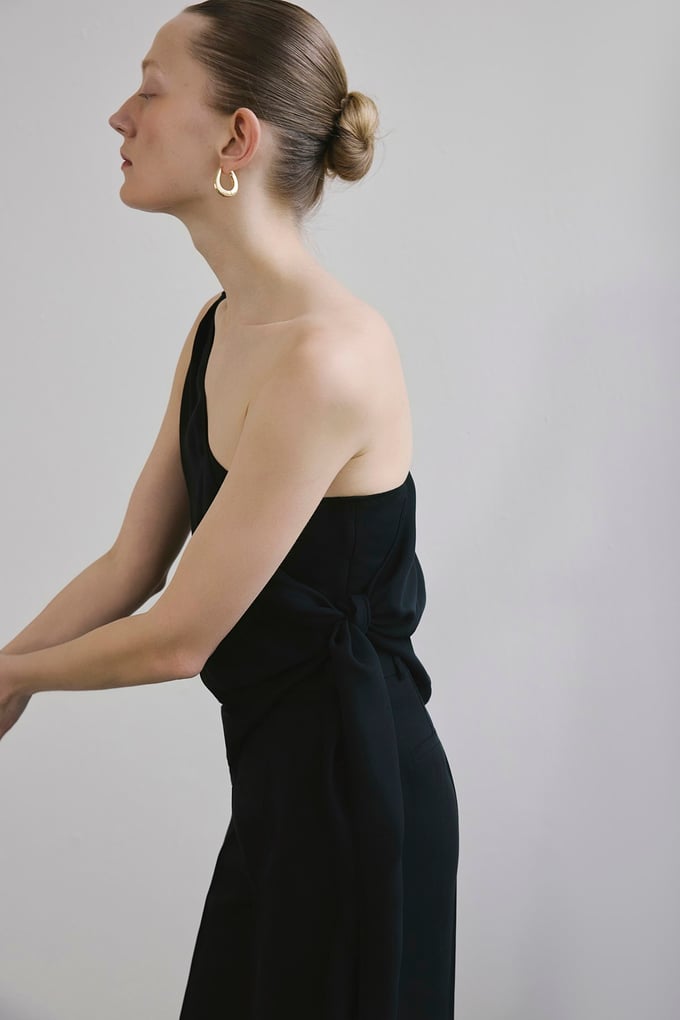 One Shoulder Side Tie Black Blouse