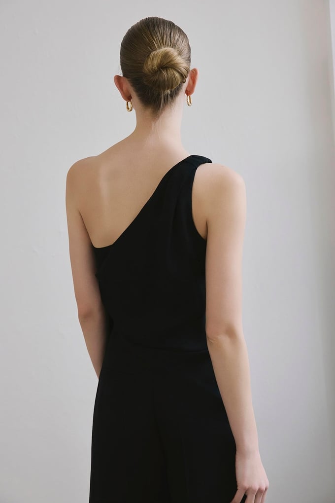 One Shoulder Side Tie Black Blouse