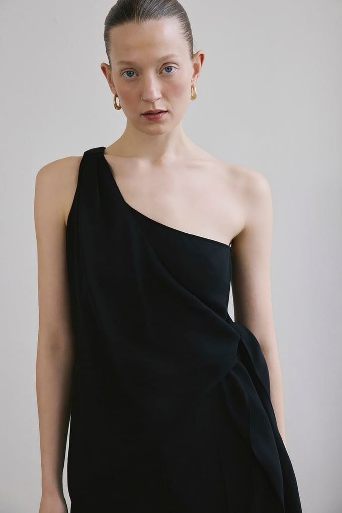 One Shoulder Side Tie Black Blouse