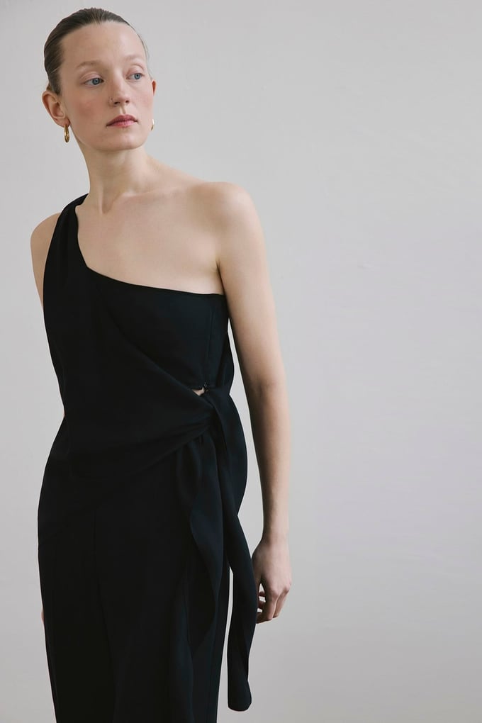 One Shoulder Side Tie Black Blouse