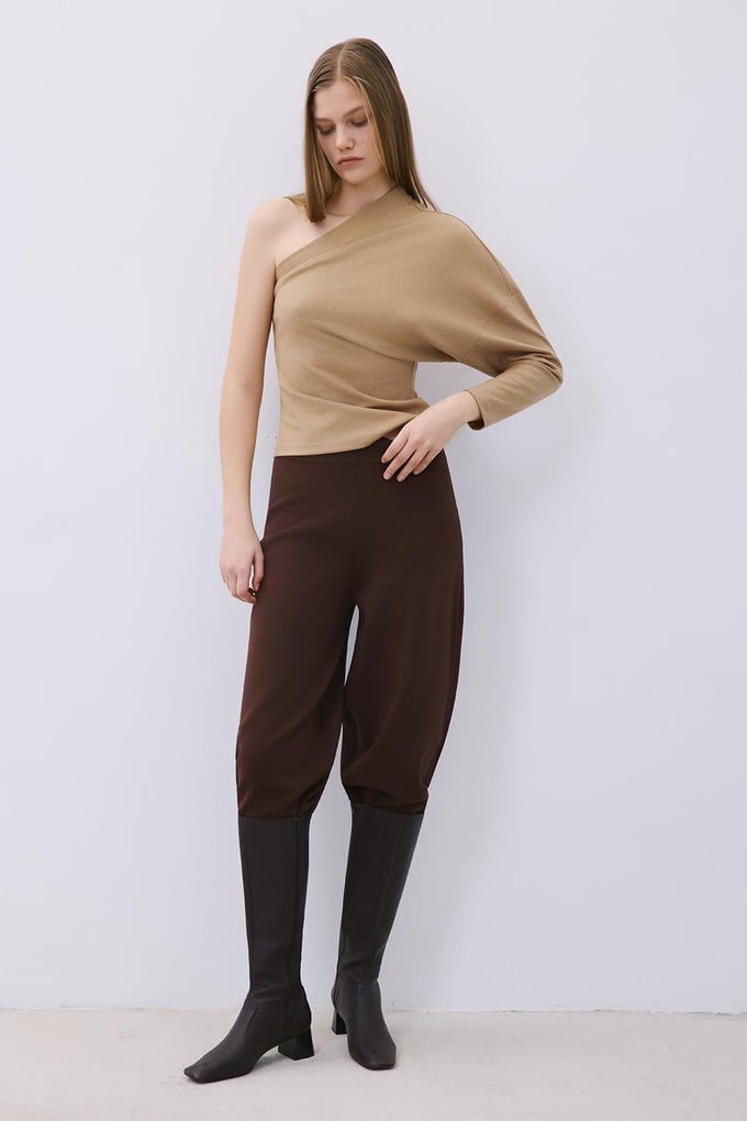 Tek Omuz Yünlü Camel Bluz
