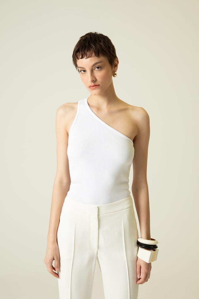One Shoulder Asymmetric White Blouse