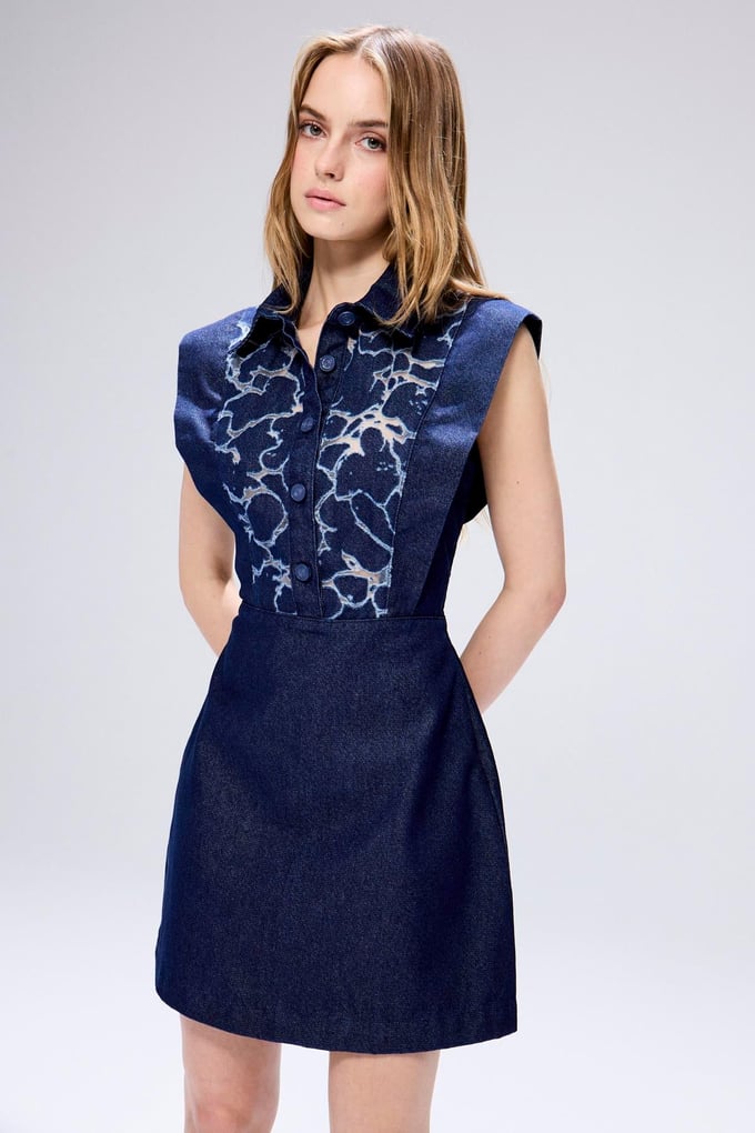 Transparan Detaylı Denim Lacivert Mini Elbise