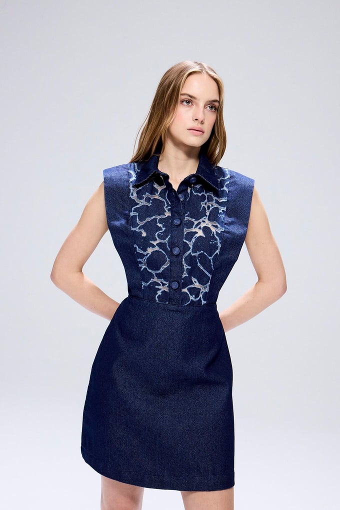Transparan Detaylı Denim Lacivert Mini Elbise