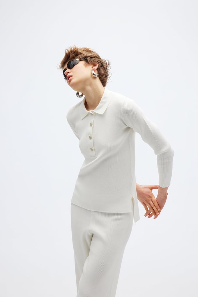 Ecru Knit Polo Sweater