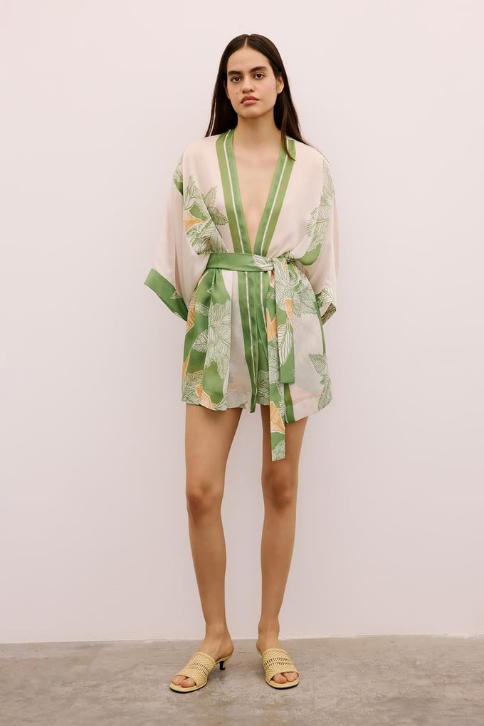 Tropical Patterned Belted Green Kimono