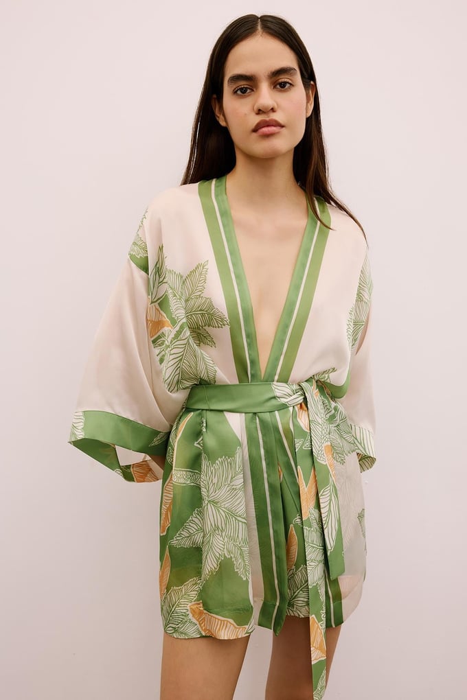 Tropical Patterned Belted Green Kimono