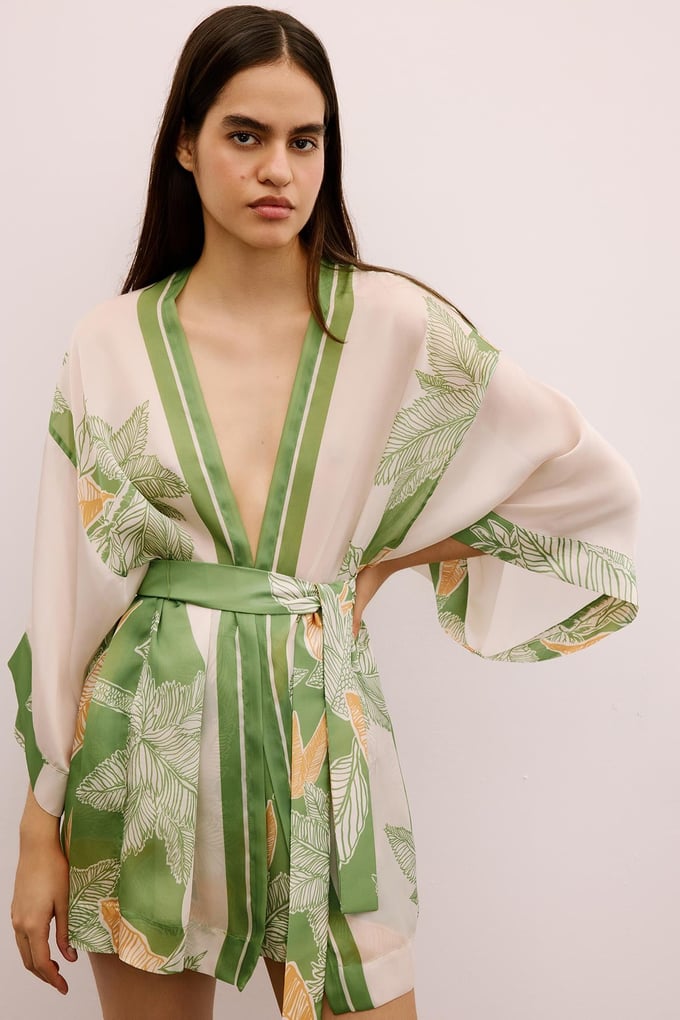 Tropical Patterned Belted Green Kimono