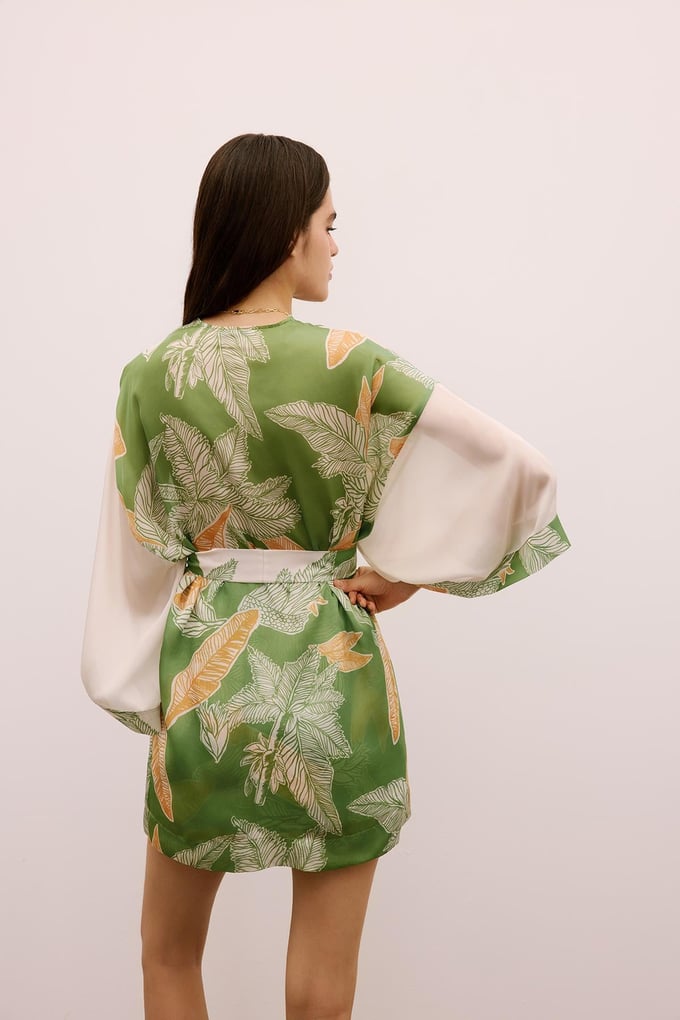 Tropical Patterned Belted Green Kimono