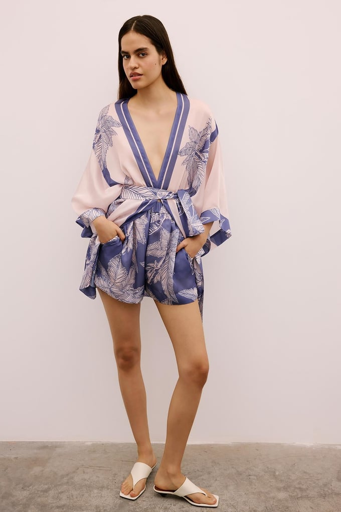Tropical Patterned Elastic Waist Purple Mini Shorts