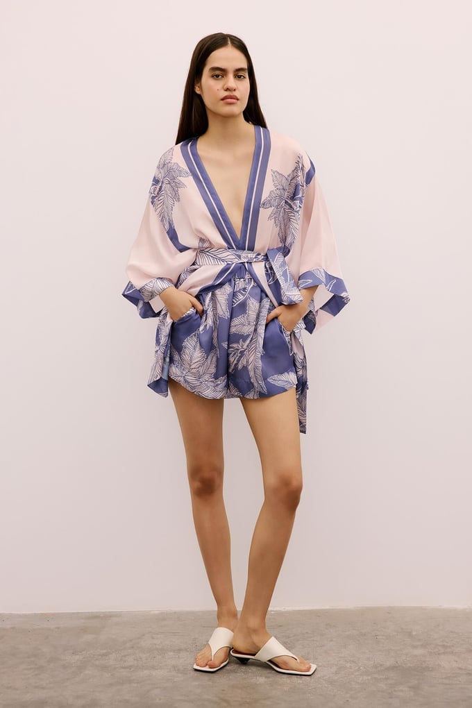 Tropical Patterned Elastic Waist Purple Mini Shorts