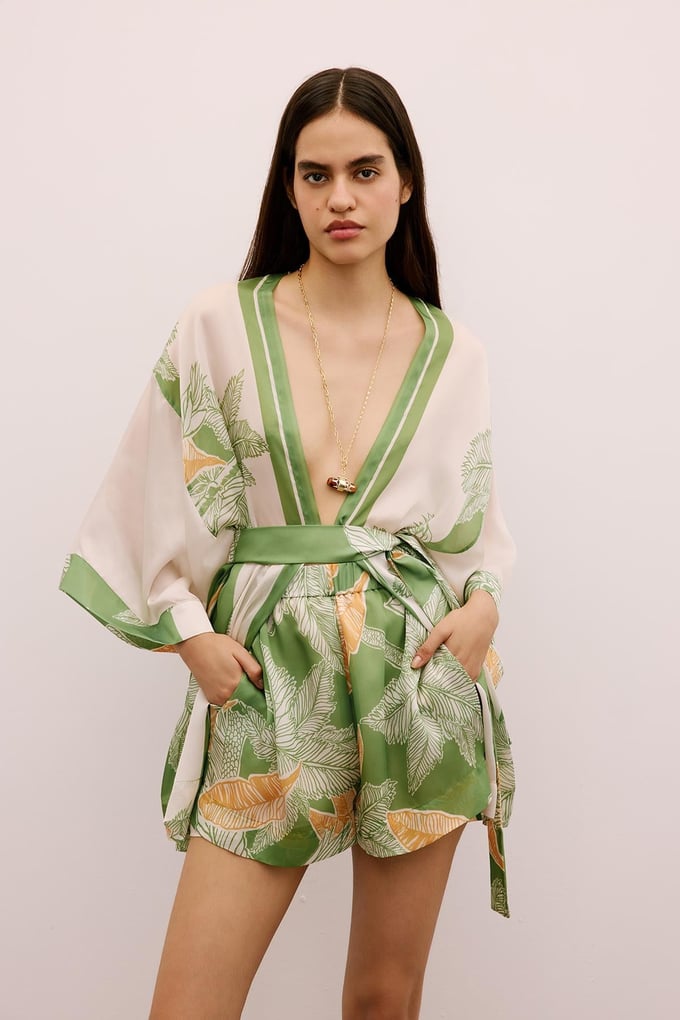 Tropical Patterned Elastic Waist Green Mini Shorts