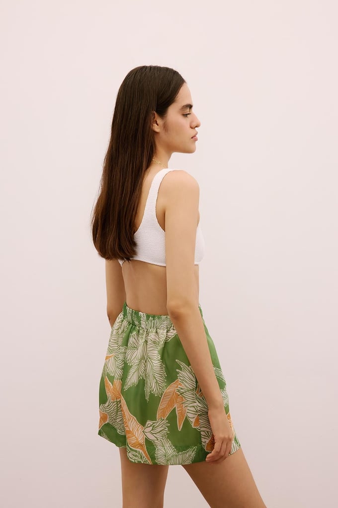 Tropical Patterned Elastic Waist Green Mini Shorts