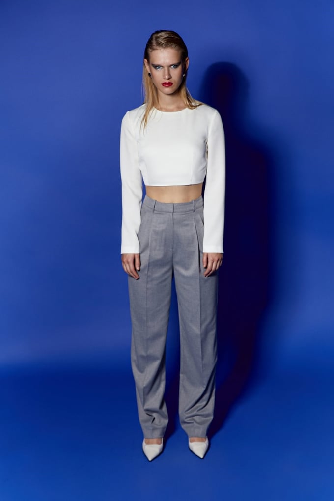 Uzun Kollu Ekru Crop Bluz