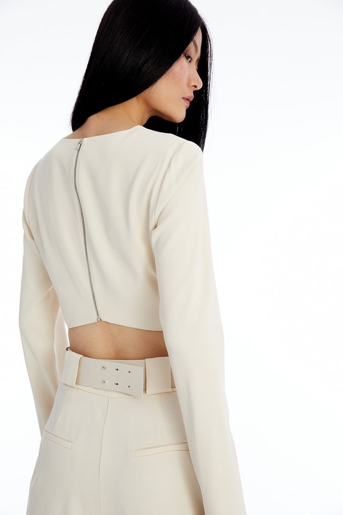 Uzun Kollu Ekru Crop Bluz