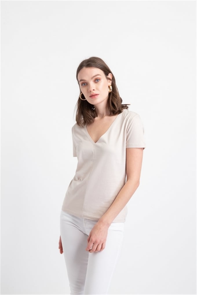 V Yaka Basic T-Shirt Bej