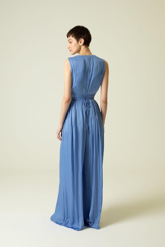 V-Neck Sleeveless Draped Blue Jumpsuit