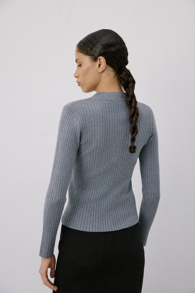 V Neck Ribbed Knit Grey Sweater